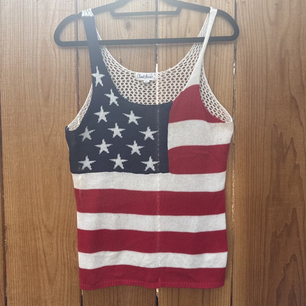 Cloud chaser American Flag Knit Tank Top with Mesh Overlay White/Red/Blue Sz.L - Picture 2 of 12